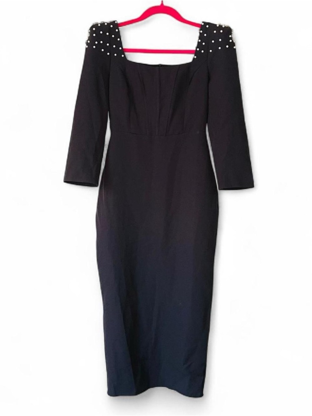 Black Pearl Embellished Square Neck Midi Dress – Elegant Structured Evening